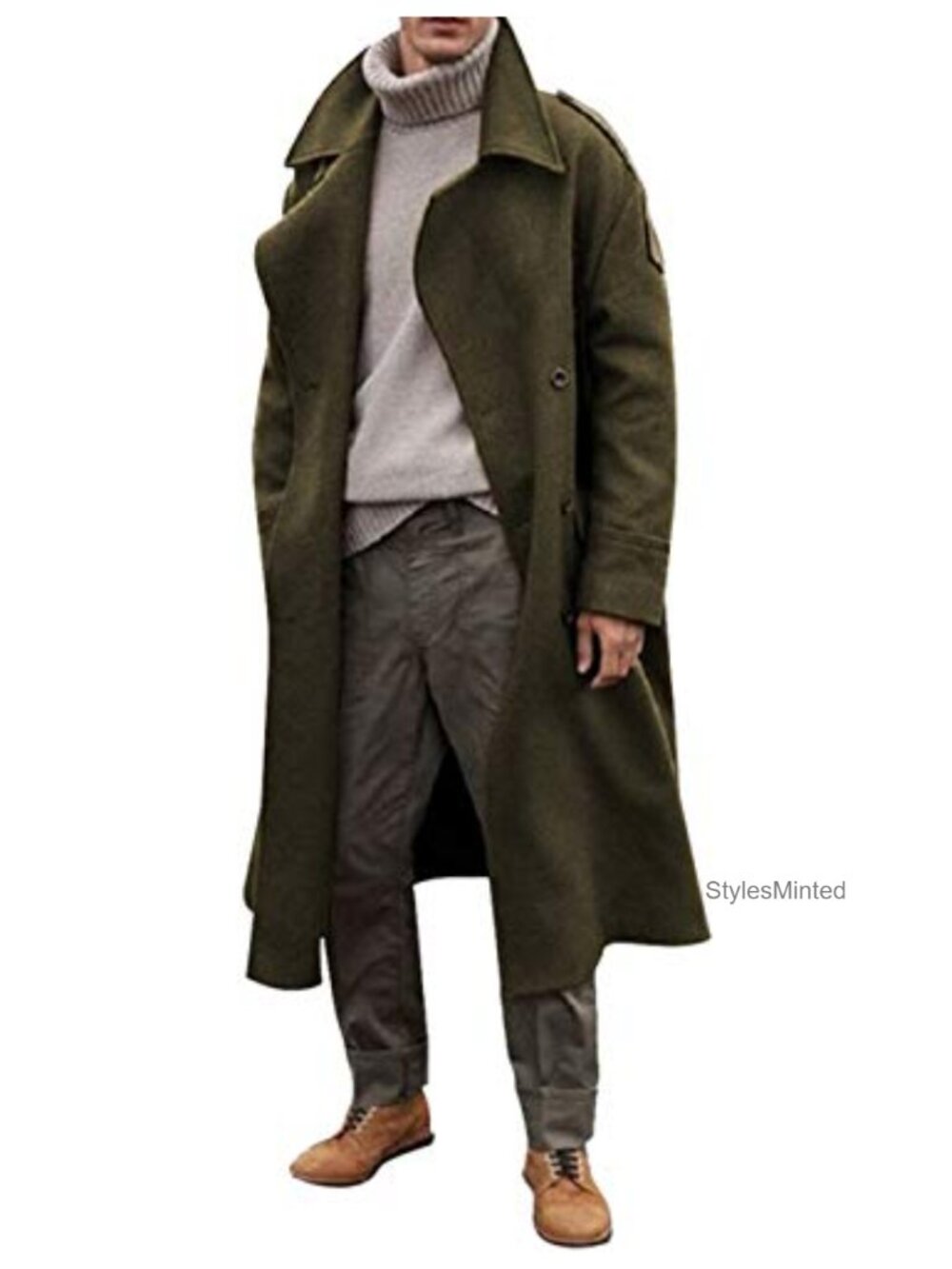 Men's Faux Wool Blend Trench Coat, Notched Lapel Long Sleeve Winter Overcoat